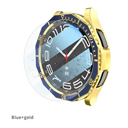 Premium Protective Metal Frame & Glass Case for Samsung Galaxy Watch 6 Classic - 43mm & 47mm (Blue-Gold)