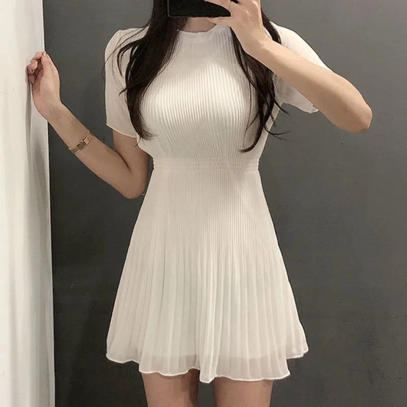 

Koamissa Summer Women Solid Mini Short Chiffon Dress O Neck Strip Slim Short-sleeved Pleated Dresses Office Lady Elegant Vestido