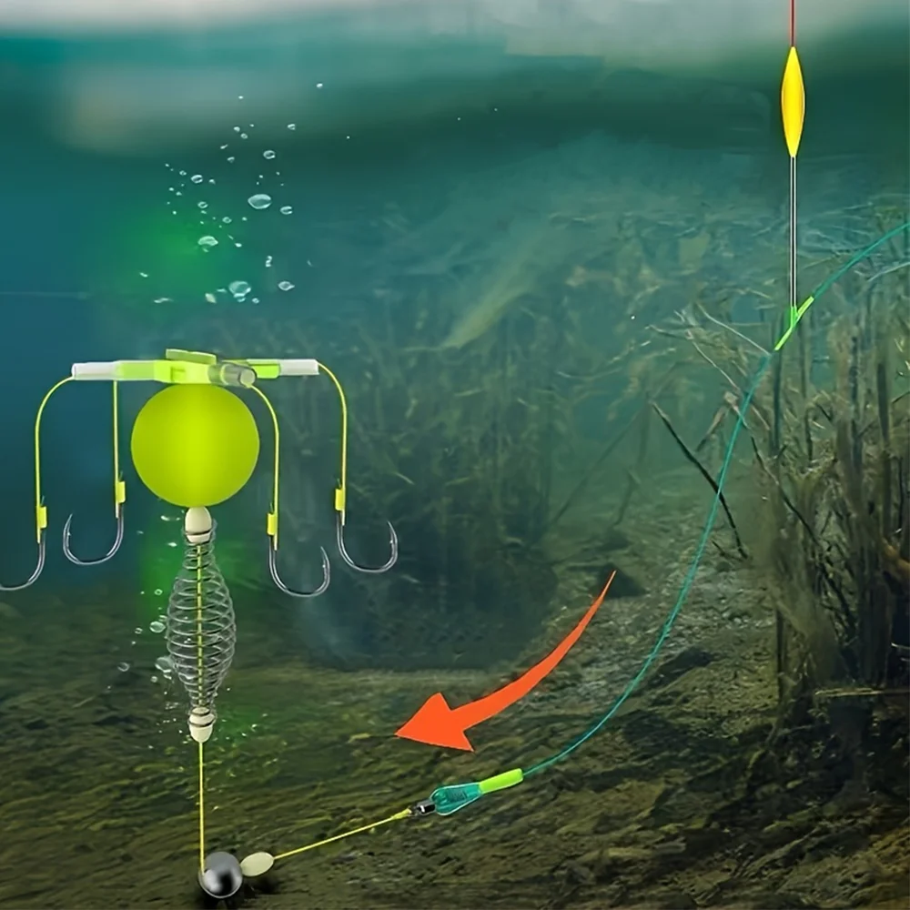 مجموعة قفص طعم الصيد مع خطافات سلسلة من الفولاذ الكربوني مضادة لللف مجموعة تعويم المغذية كاملة لصيد الأسماك 3 # 5/7/9/11/13