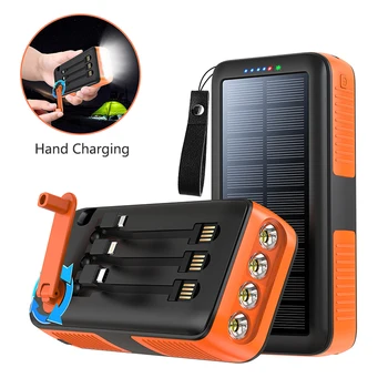 Manovella banca di energia solare 30000mah batteria esterna ricarica rapida Powerbank con luce del cavo per iPhone Samsung Xiaomi Huawei