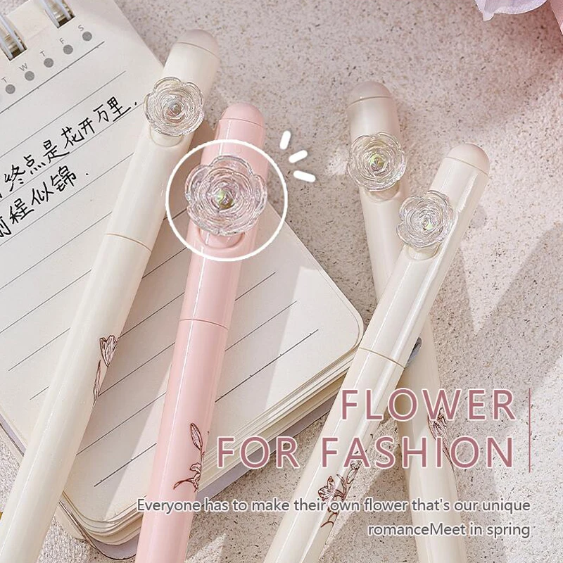 Romantic Rose Flower Gel Pen  Creative Rotate Quick Dry 0.5MM Black Gel Ink Pens For School Student Writing Stationery Supplies
