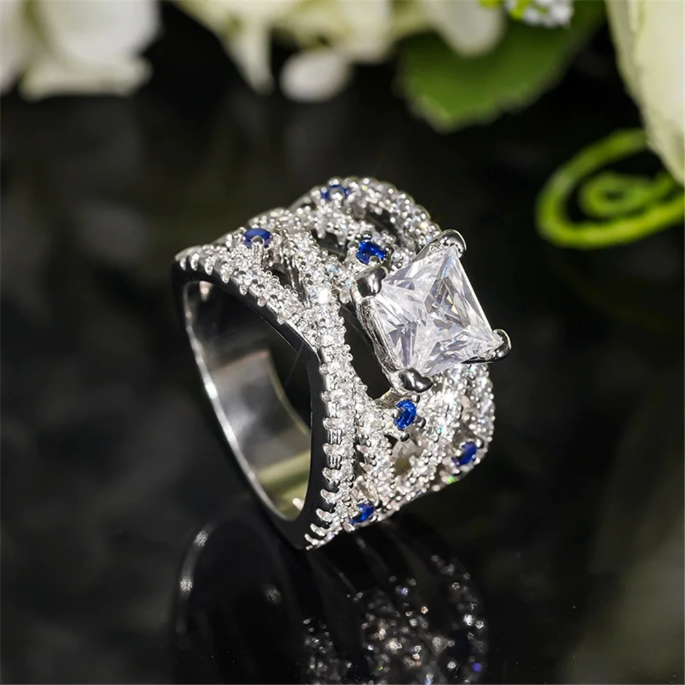 Female White Blue Zircon Stone Ring Vintage Silver Color Wedding Jewelry For Women