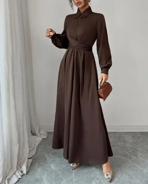 Abito a maniche lunghe abbottonato semplice e alla moda per abbigliamento da donna Autunno e inverno Nuovi abiti maxi eleganti a vita alta femminili 5