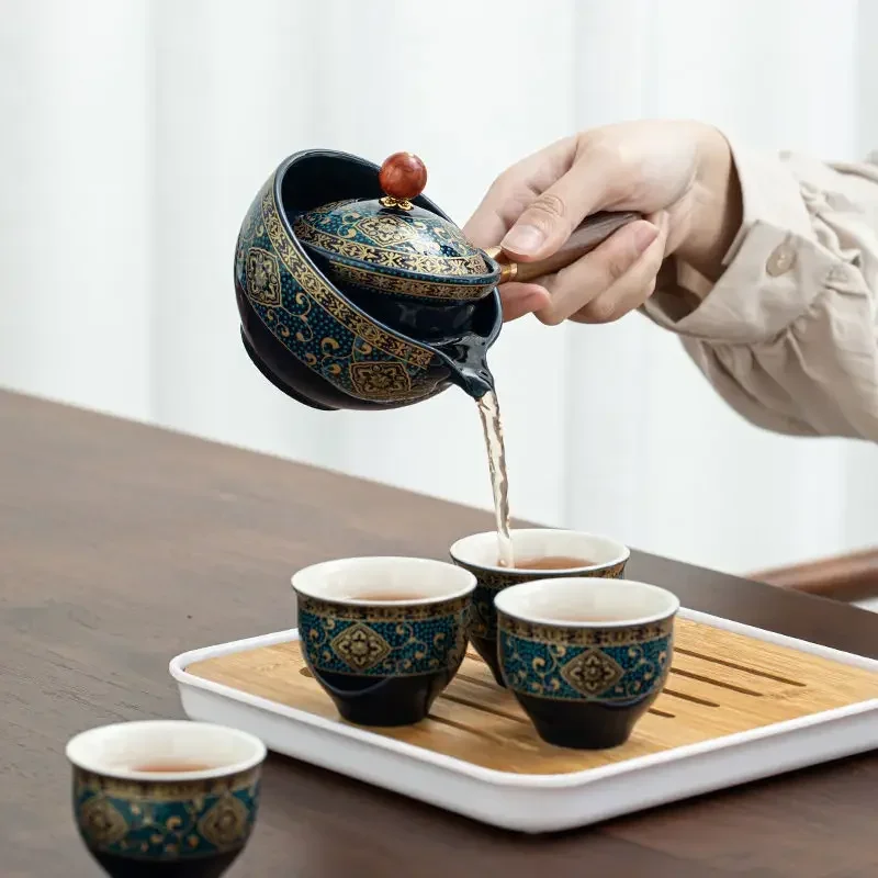 

Китайский чайный набор Gongfu, керамическая чайная чашка для Puer, вращающаяся на 360, чайница и заварочный цветок, Изысканная форма, фарфор