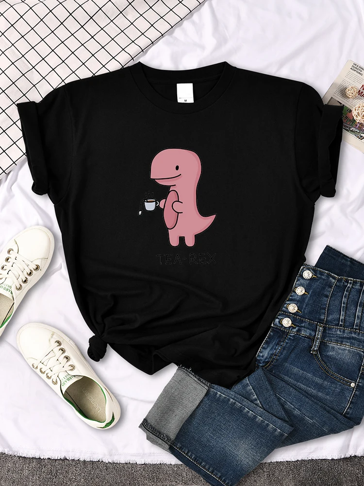 thumbnail image 1 of Camiseta con estampado de té y Rex rosa para mujer, de gran tamaño con cuello redondo ropa holgada, Harajuku, Kawaii, Animal que combina con todo, 1 of 5
