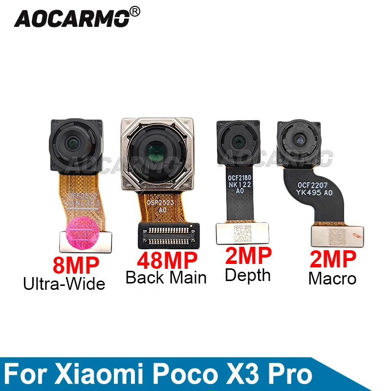 

Модуль камеры Aocarmo для Xiaomi POCO X3 Pro, основная Основная камера 48 МП, Сверхширокая камера 2 Мп, Макро + глубина, гибкий кабель, запасные части