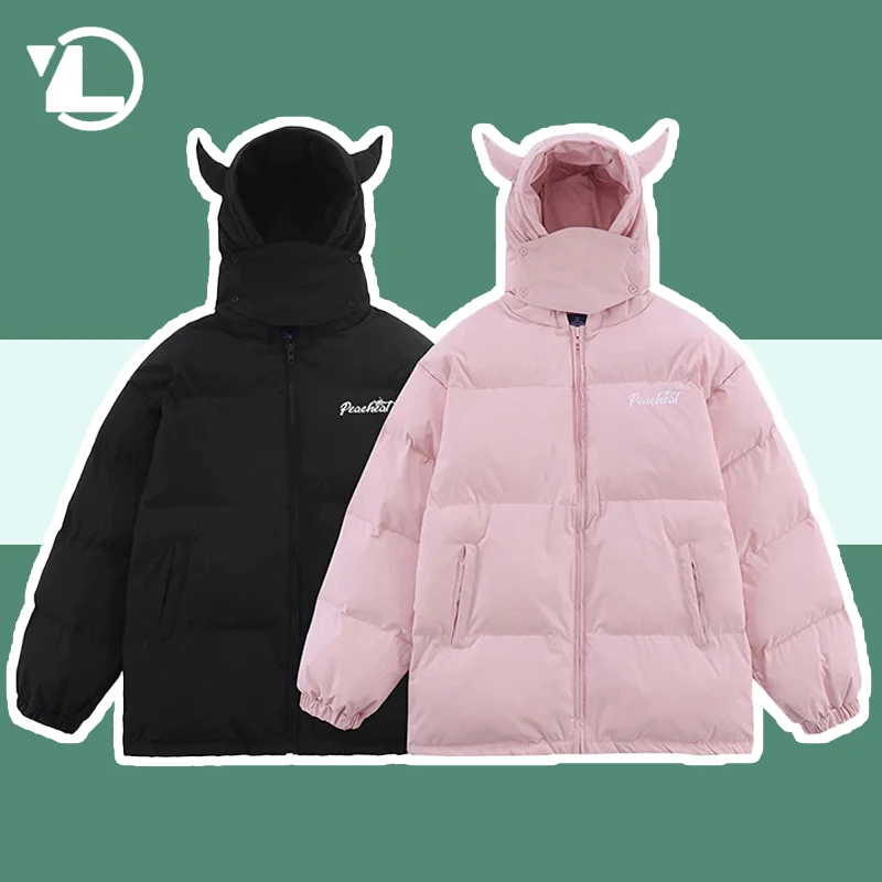 

Hip Hop Devil's Horn Hooded Parka Mens Winter Retro Loose Cotton Padded Jackets Woman Harajuku Thicken Warm Bubble Puffer Coats