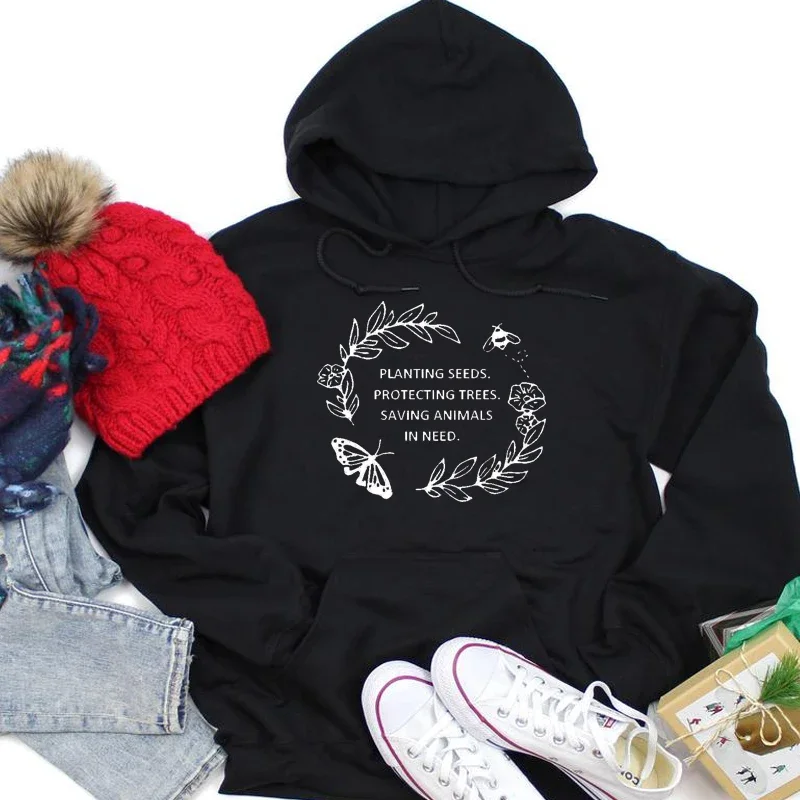 Kwawaii Planting Seeds Protecting Trees Saving Animals In Neeed 100% Cotton Hoodies Full Sleeve Shirt Pullover Wonmen Sweatshirt