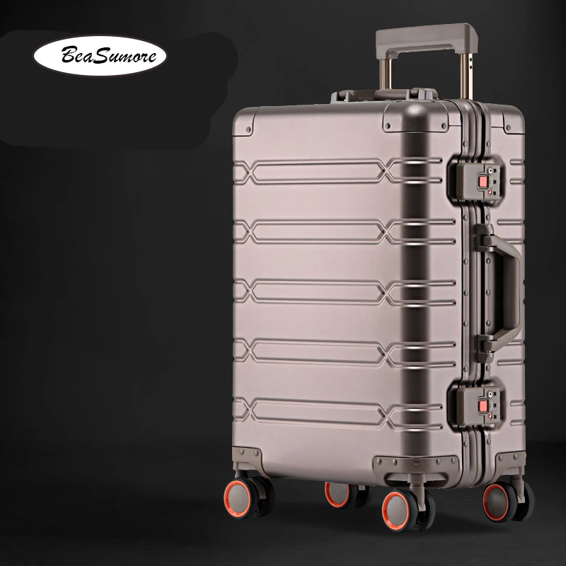 Pull Bar Suitcase 100% Aluminum-magnesium alloy Rolling Luggage Spinner 20/24/29 inch Women Metal Trolley Men Business Suitcase Wheels