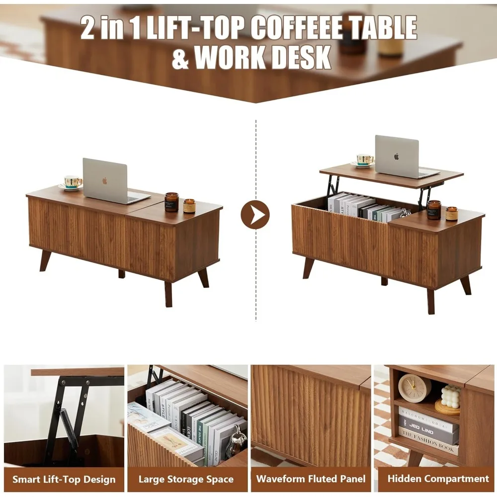 Wooden Fluted Lift Top Coffee Table with Hidden Compartment, Modern Rectangle Center Tables with Adjustable Storage Shelf 4