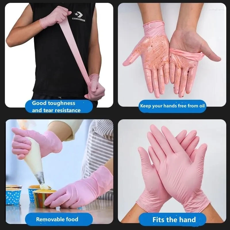 Stack of pink nitrile gloves fanned out beside cleaning tools and salon accessories on a white countertop 04578