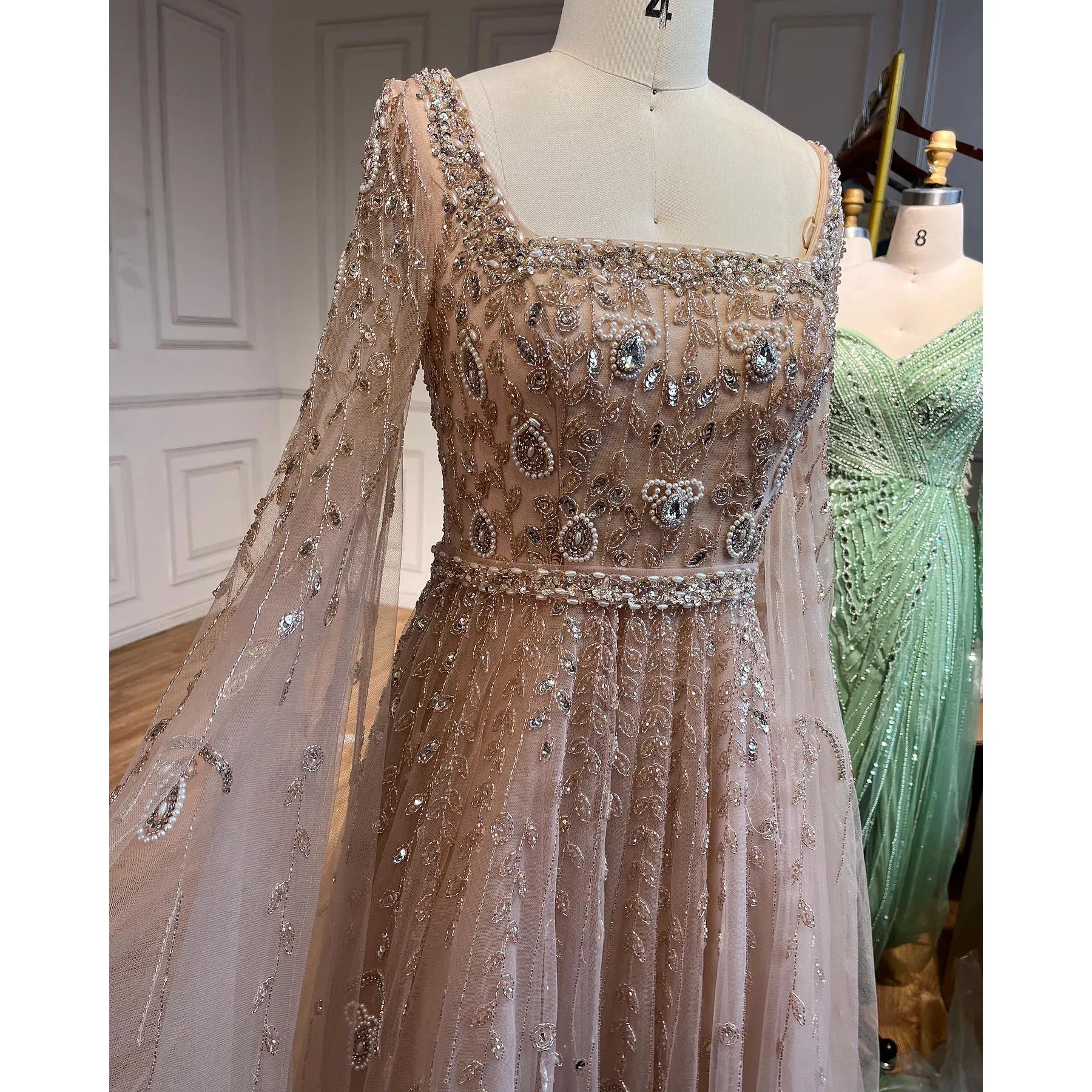 Serene Hill Muslim Pink A Line Square Collar Beaded Luxury Dubai Evening Dresses Gowns 2023 For Women Wedding Party LA71803A