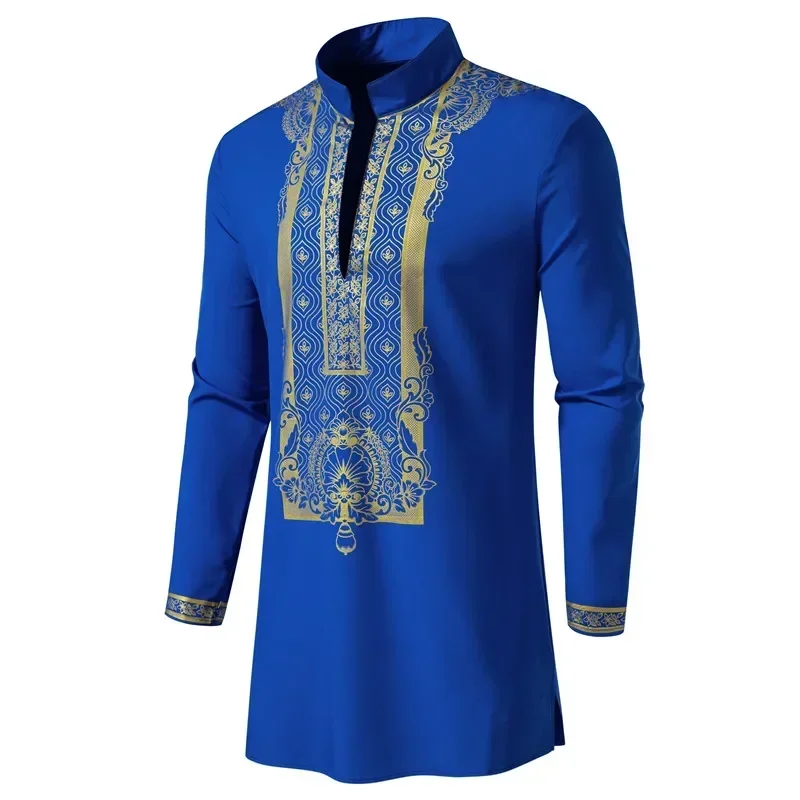 2024 New Personality Men's Long Sleeve Shirt Sets Leisure Dinner Print Design Medium Long Clothes for Men
