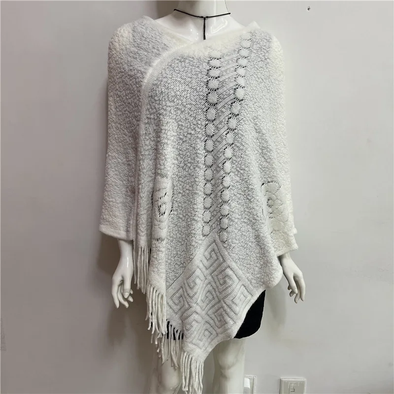 

Spring Sweater Pullover Sweater Women Outer V-neck Shawl Cloak Solid Color Korean Tassel Cloak White