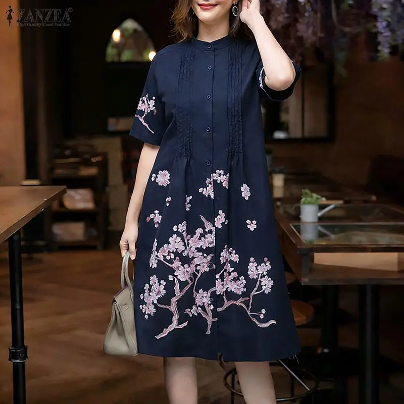 ZANZEA Thin Women Dress Summer Spring Half Sleeve Party Pleated Floral Print Knee Length Sundress Streetwear OL Work Vestidos 3