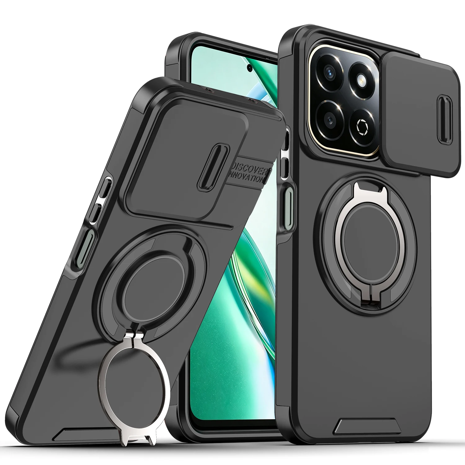 Magnetic Metal Ring Stand Armor Case with Slide Window Lens Protection