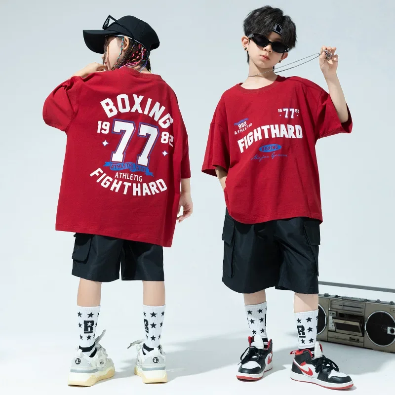 

Kids Hip Hop Jazz Performance Clothes Sets Girls Short Sleeve Letter Loose T-shirt Tops + Shorts Teen Boys Street Dance Costumes