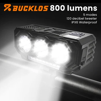 Luci per Bicicletta BUCKLOS 2000mAh con Ricarica Solare, 800LM, Impermeabili IPX6, Faro Anteriore per Bici con Allarme 120dB
