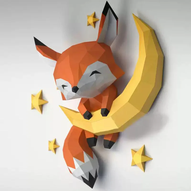 3D PaperCraft DIY Paper Model Asleep Fox Panda Sculpture Moon Home Decorations Puzzles Animal Model Origami Adult Toy Livingroom