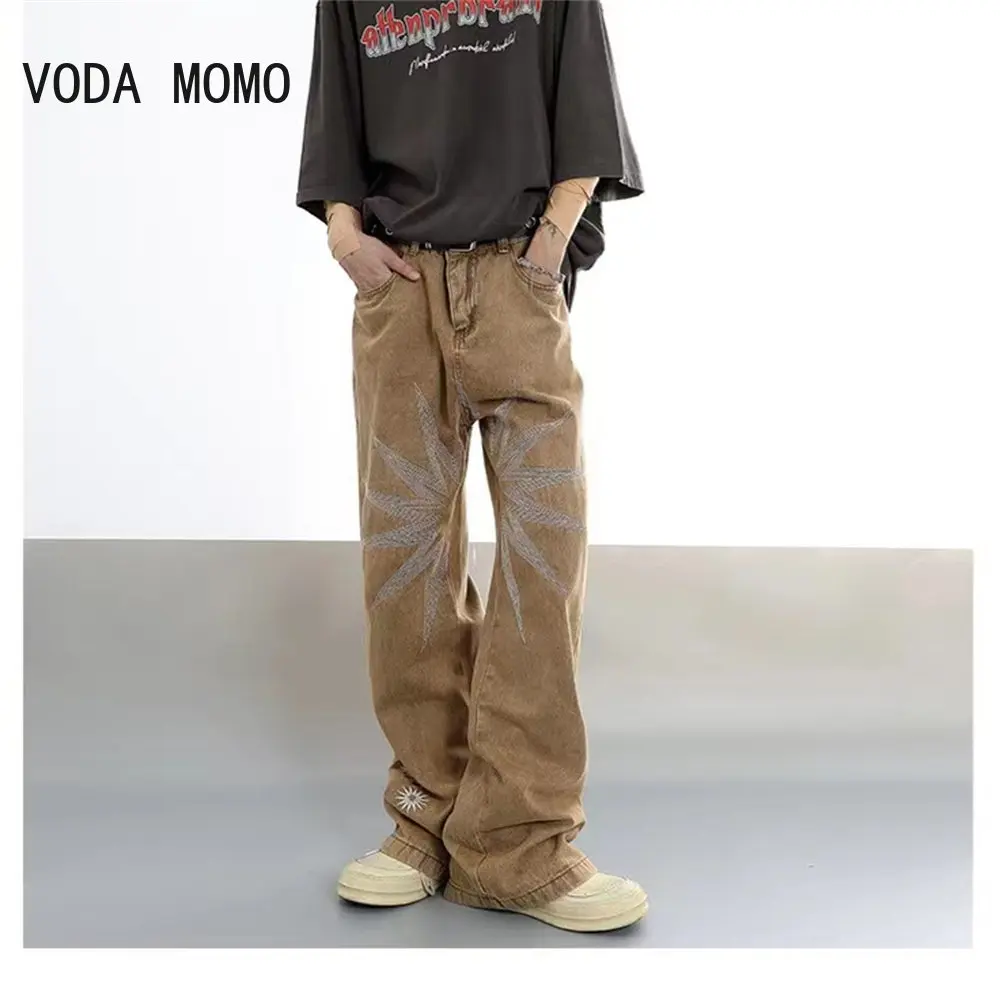 Ultimo Disegno Stella Ricamo Dritto Sciolto Fit Boyfriend Pantaloni Pantalone Hombre Y2K Moda Marrone Vita Media Jeans Larghi Per Gli Uomini