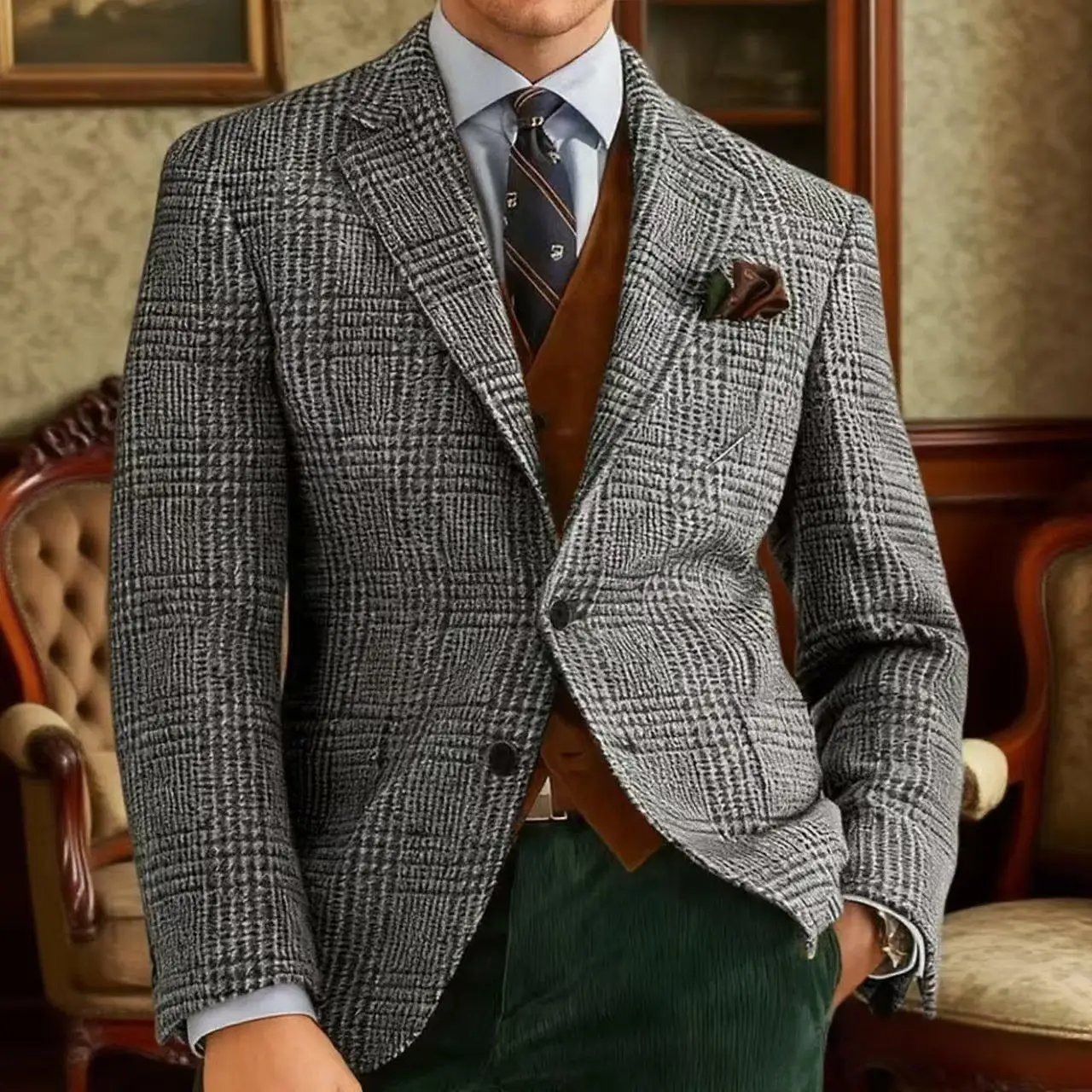 Automne hiver hommes costumes veste formelle simple boutonnage Plaid Blazer Tweed porter Tuxedos affaires décontracté