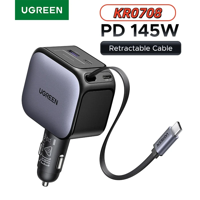 UGREEN 145W 90W 60W Car Charger 3 USB-C & 1 USB-A Ports PD QC4.0 Fast Charging with Retractable Cable for iPhone 17 Pro MacBook