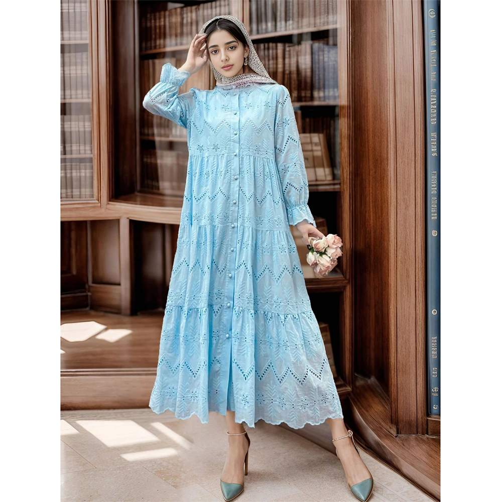 

Muslim Middle East Women Maxi Dress Ruffle High Collar Hollowed Out Lace Swing Dresses Abaya Kaftan Ramadan Jalabiya Robe Caftan