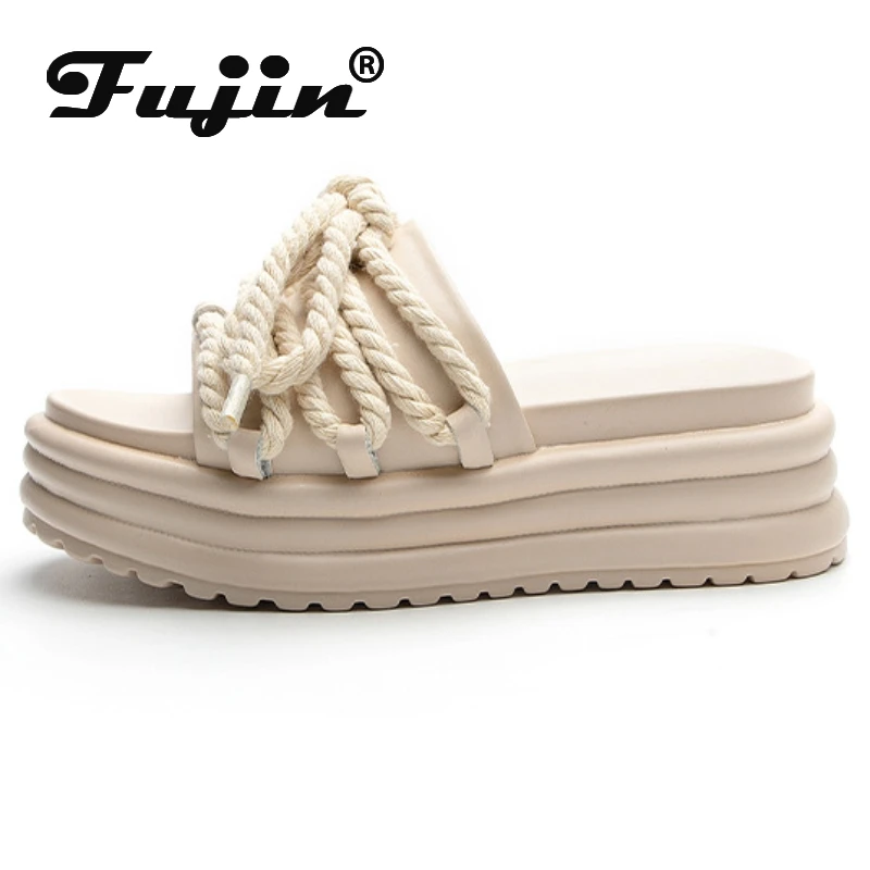 

Fujin 6CM Weave Synthetic Slippers Ladies Summer Peep Toe High Brand Sandal Bling Shoes Platform Wedge Breathable Women Fashion