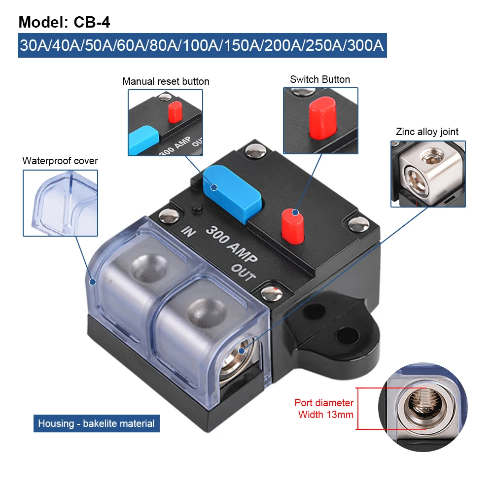 Auto Circuit Breaker 30-300A Car Audio Self-Recoverable Breaker Boat Waterproof Security Fuse Accessories
