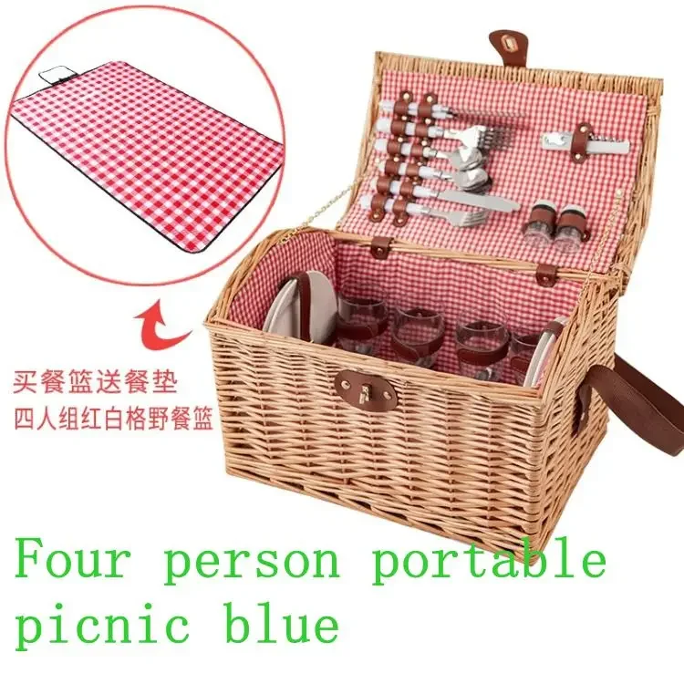 Rural style rattan diagonal cross storage basket, portable picnic basket with cover, outdoor camping picnic basket, blue 6