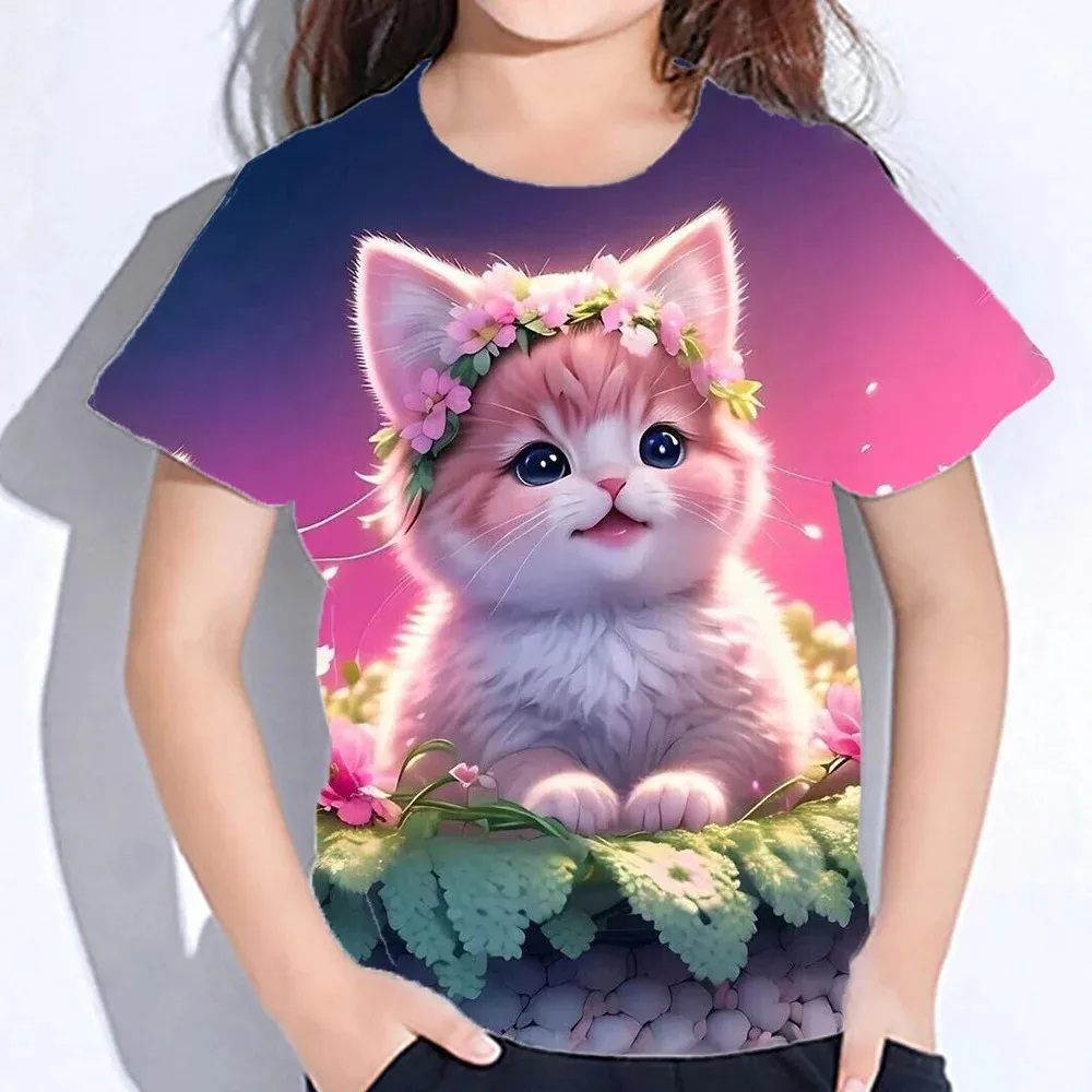 Children's Clothes 3d Print Kawaii Cat Pattern T Shirts Short Sleeve Tops 2024 Kids Clothing Girls Boys Clothes 2 To 8 Years 4