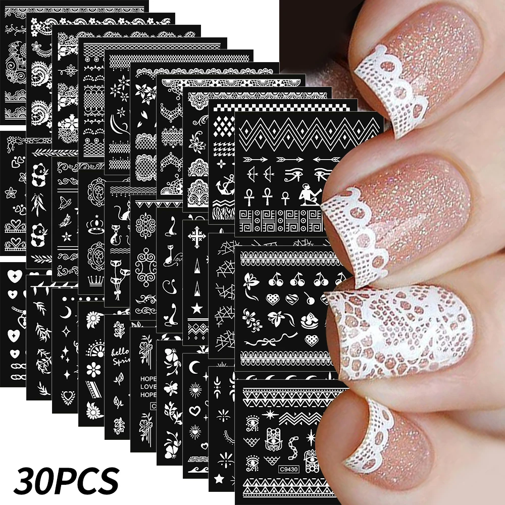 30pcs White & Black Lace Nail Art Stickers Flower & Star Designs Self-Adhesive Manicure Nail Foil Decoration Art Supplies
