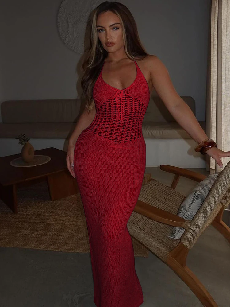 Nibber Knitted Crochet Women's Maxi Dress Elegant See Through Halter Low Neck Backless Vestidos Female Concise Solid Streetwear