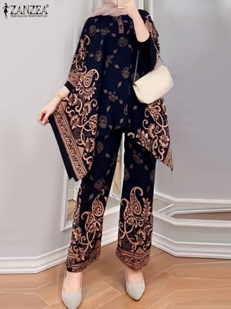 ZANZEA Women Bohemian 3/4 Sleeve Blouse Pants Sets Casual Islamic Clothing Abaya Tracksuit Vintage Floral Printed Muslim Sets