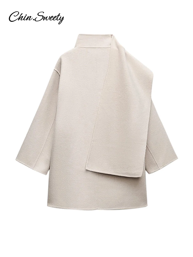 Winter Woolen Women's Scarf Collar Coat Solid Pockets Long Sleeve Loose Midi Overcoats 2024 Autumn Winter Lady Fashion Outwear 6