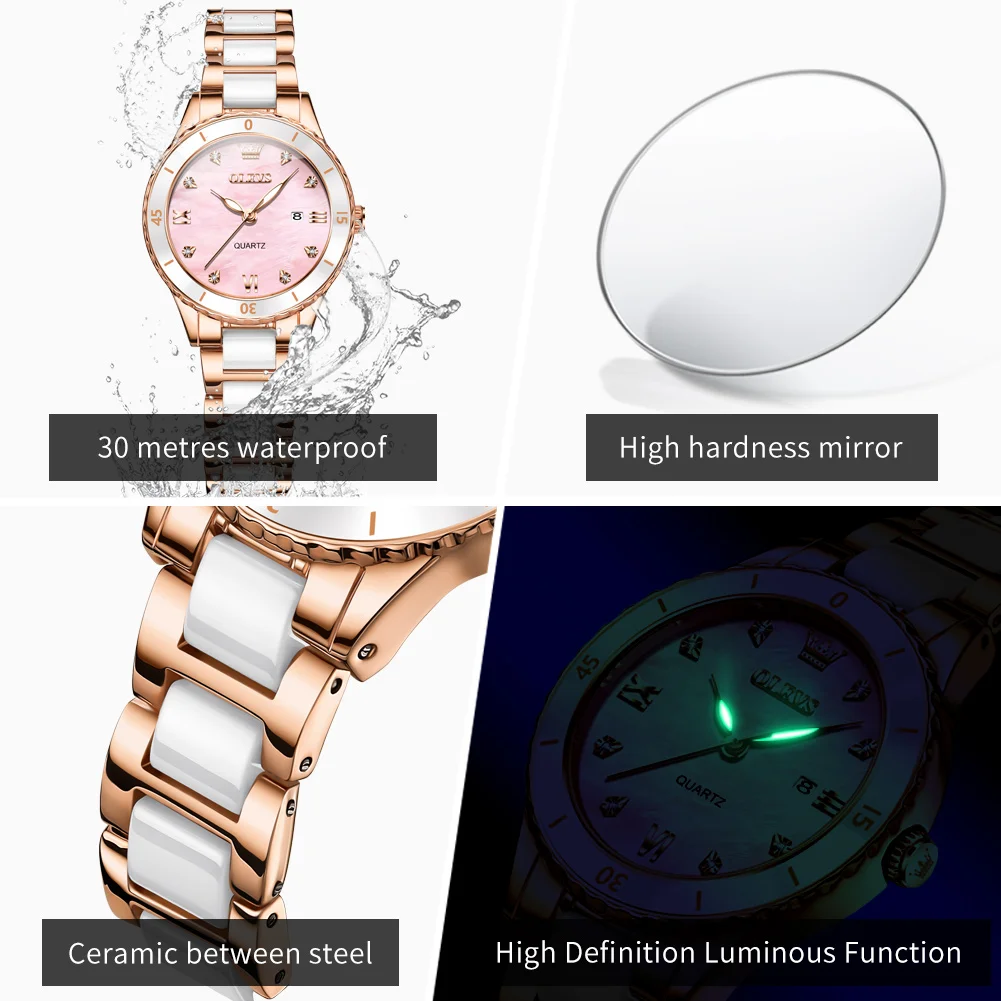 OLEVS 9985 Women's Watch Zircon Scale Waterproof Date Quartz Watch For Women Ceramic Steel Strap Luminous Ladies Wristwatch