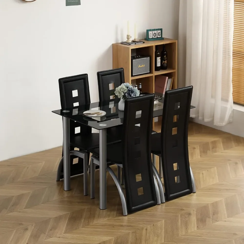 5-Piece Dining Table Set with 1 Glass Dining Table and 4 PVC ChairsKitchen & Breakfast Dining Living Room, Space Saving 2