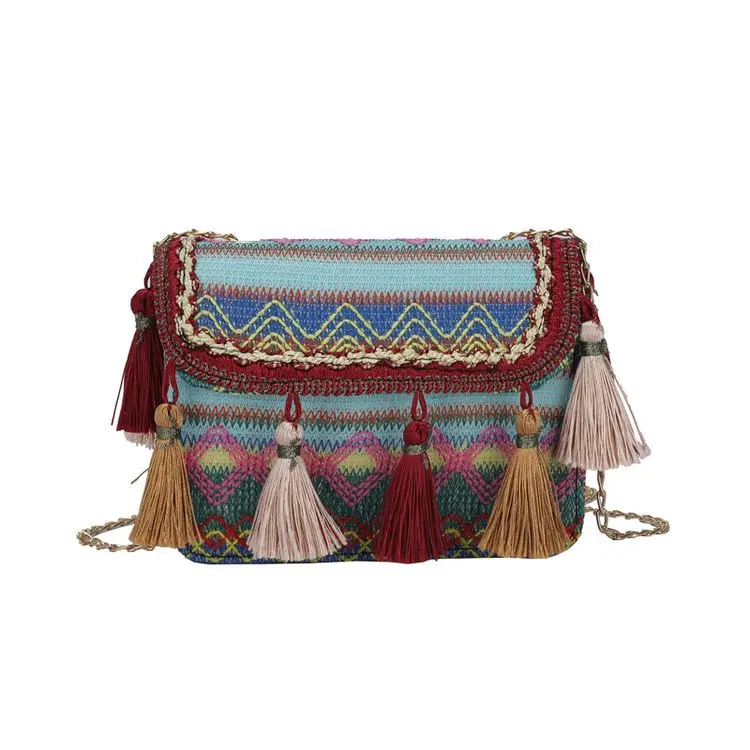 Tassel Bohemia Shoulder Square Bag Embroidery Summer Handwoven Beach Mix Contrast Color Designer Thin Metal Strap Hasp Pocket