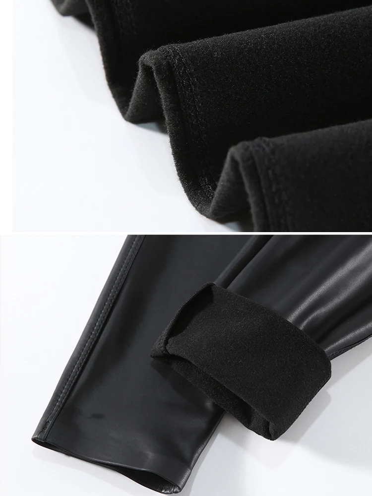 가을 겨울 패션 따뜻한 PU 가죽 바지 여성 높은 허리 양털 Fuax 가죽 레깅스 꽉 섹시한 Windproof 오토바이 바지