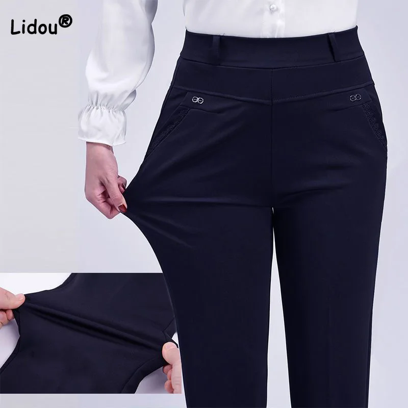 Office Lady Summer Thin Style Elastic High Waist Trousers Solid Color Diamonds Patchwork Pockets Womens Casual Straight Pants