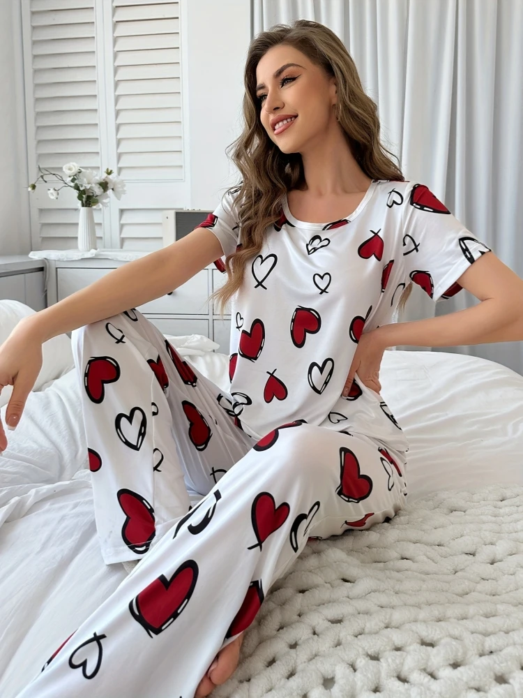Spring Summer Women's Thin Pajamas Round Neck Short Sleeve Top Pants Casual Home Clothing Set Fashion Love Printed Sleepwear