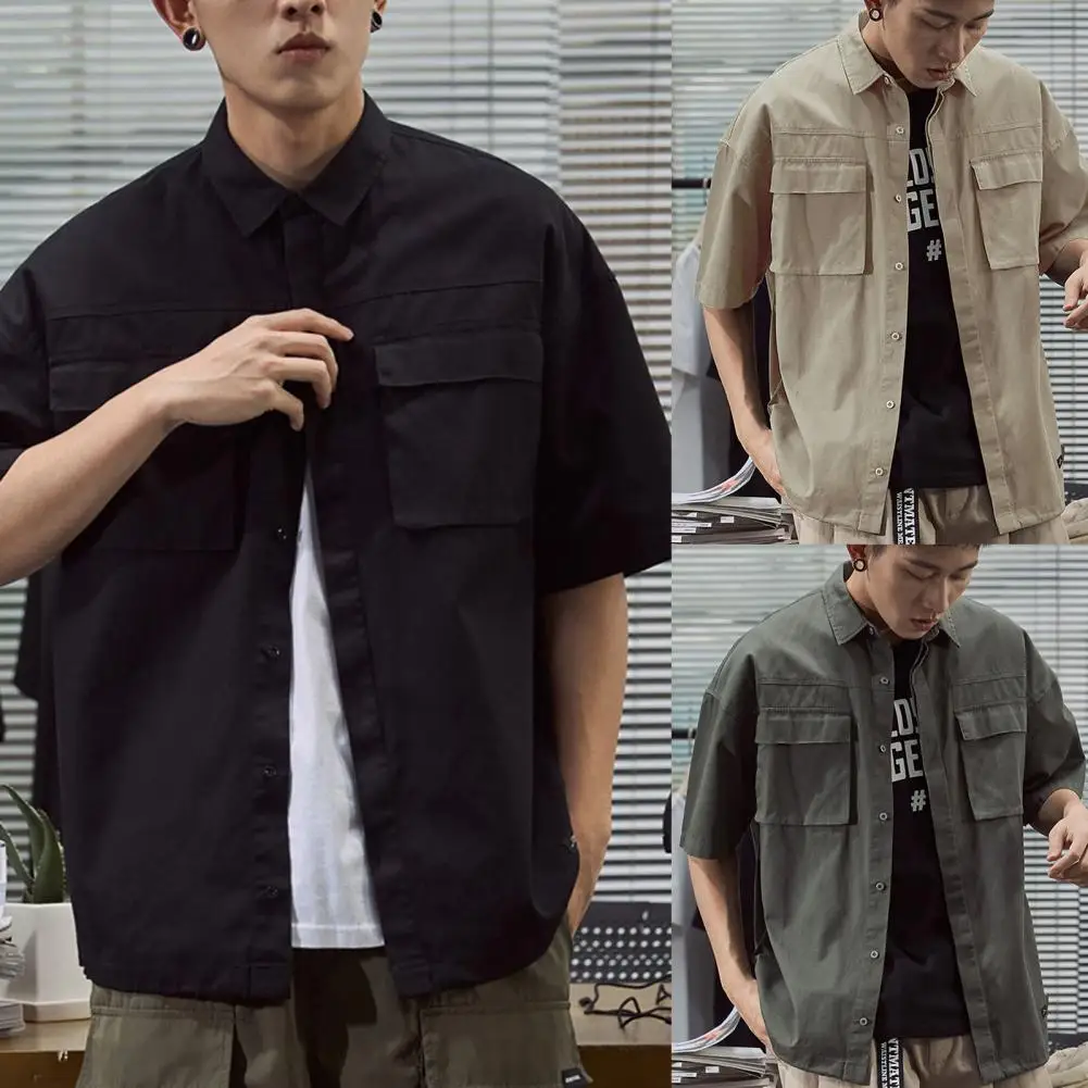 

Stylish Trendy Shirt Men Turn Down Collar Summer Buttons Pockets Shirt Top Skin-friendly