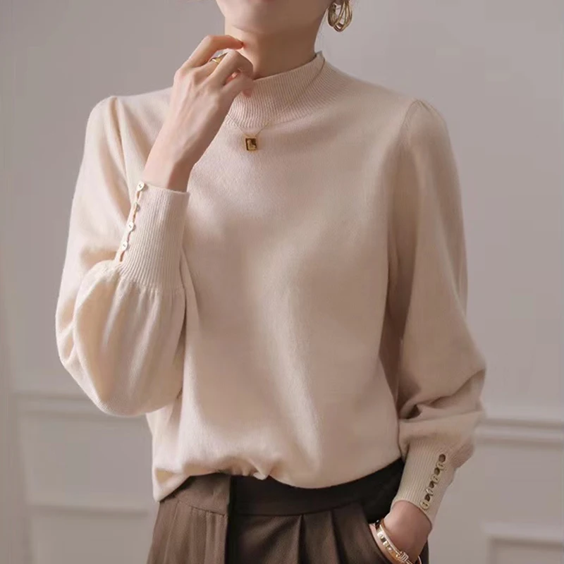 

Autumn Winter Half High Collar Sweaters For Women 2023 Elegant Fashion Sweater Female Knit Jumpers Lantern Sleeve Top Pullover