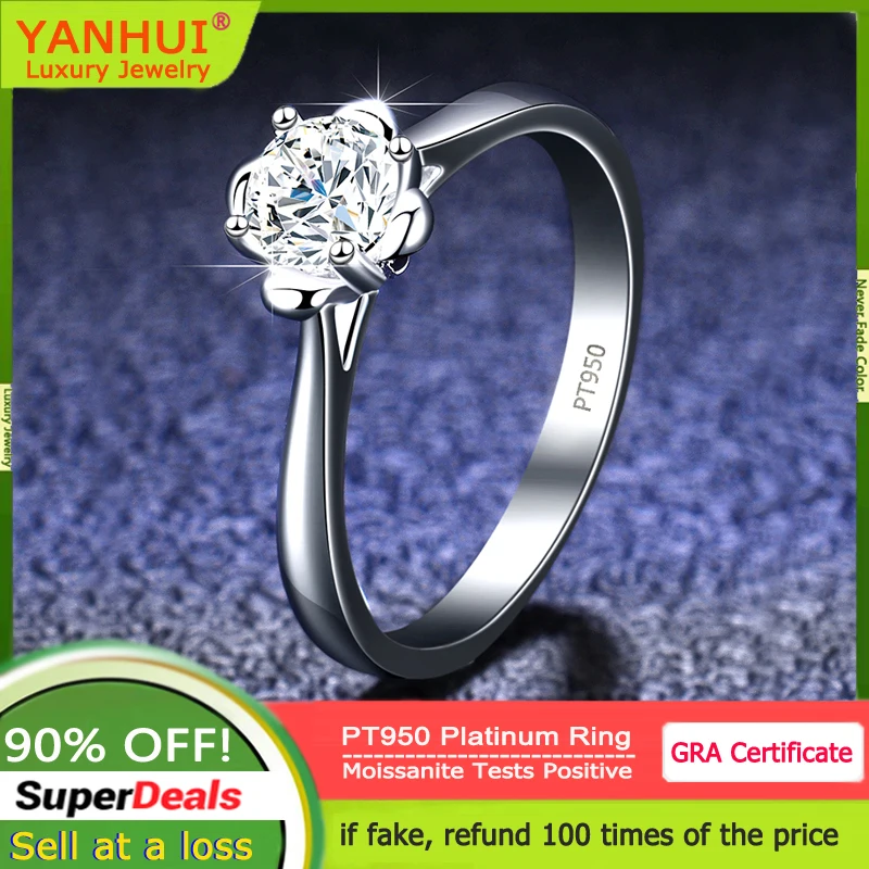 

YANHUI Luxury PT950 Platinum Ring Solitaire 0.5 Carat VVS1 D Color Moissanite Diamond Wedding Band Fine Jewelry for Women