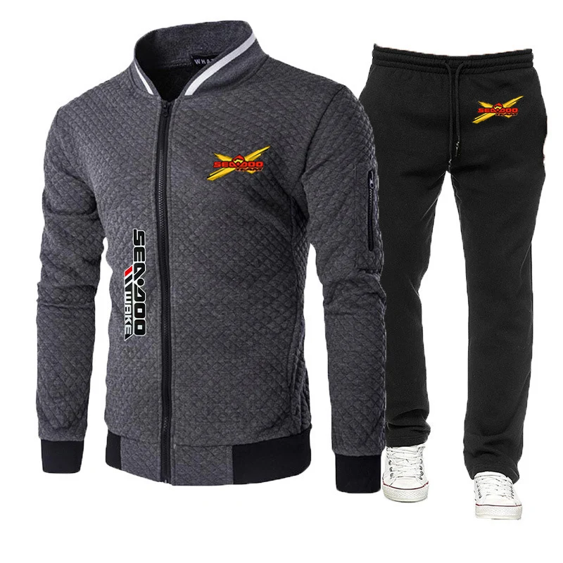 2023 Spring Autumn Sea Doo Seadoo Moto Logo Print Stripe Round Neck Sweatshirts Zip Jacket+Sports Fashion Trousers Slim Fit Sets