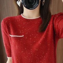 

Sweater Women's Clothing 100% Pure Wool, Spring and Summer Beautiful Short Sleeve Knit T-Shirt Thin Soft Loose Sweater Pullover