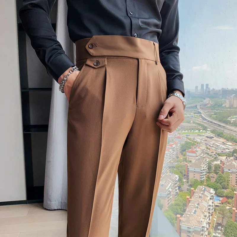 

Fashion Trousers Man High Waist Khaki White Black Business Casual Suit Pants Belt Cuffs Korean Clothing Solid Vertical Bottom