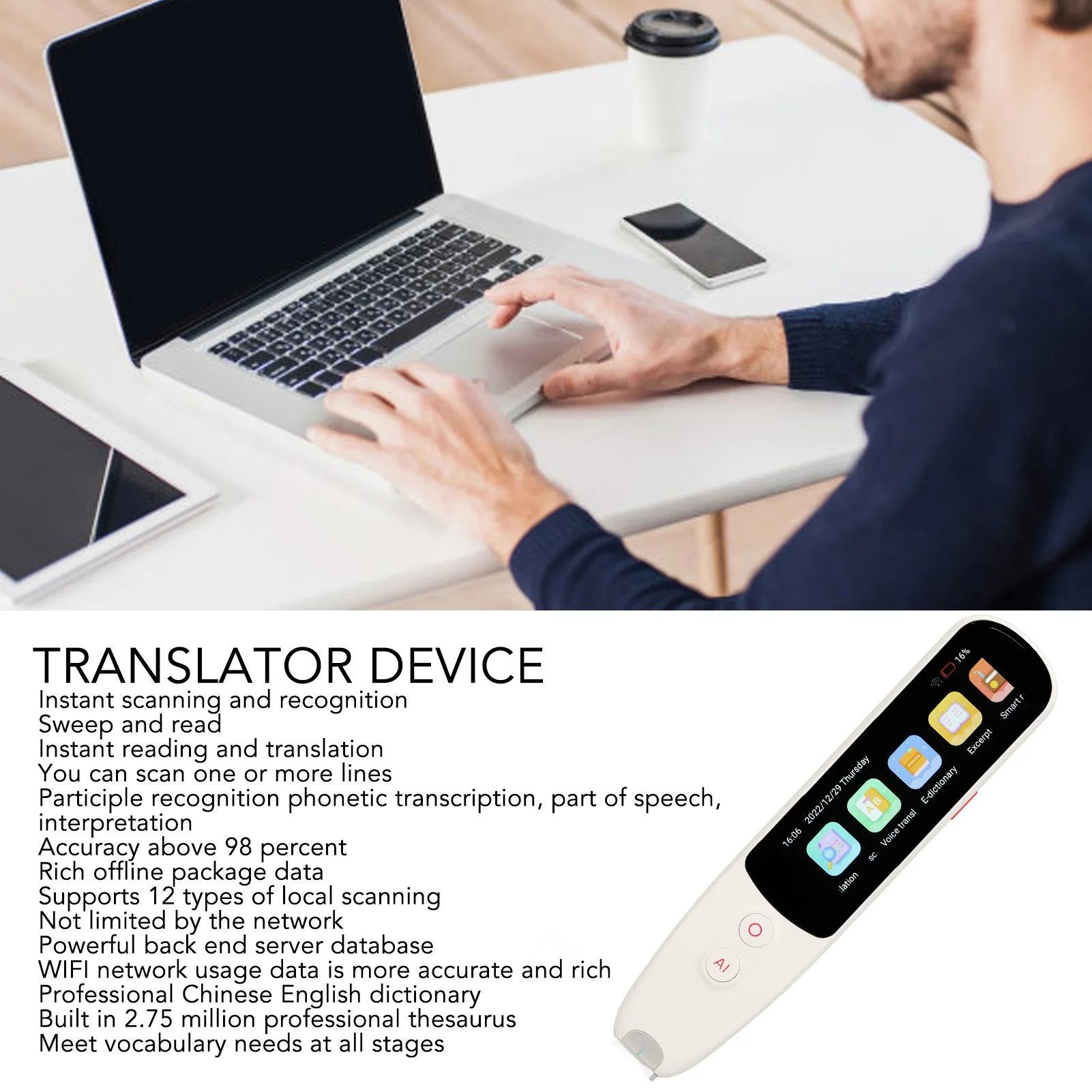 Translator Device Language Translator Pen 3.0 inch Real Time High Accuracy 134 Languages for Meeting for Learning