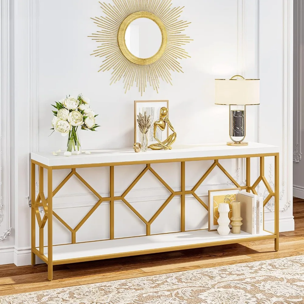 2-Tier Mid-Century Modern Narrow Console Table for Entryway 70.86 Inches Extra Long Sofa Table Behind Couch Accent