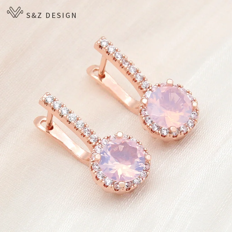 S&Z DESIGN New Fashion 585 Rose Gold Color Round Crystal Dangle Earrings For Women Wedding Jewelry Cubic Zirconia Eardrop